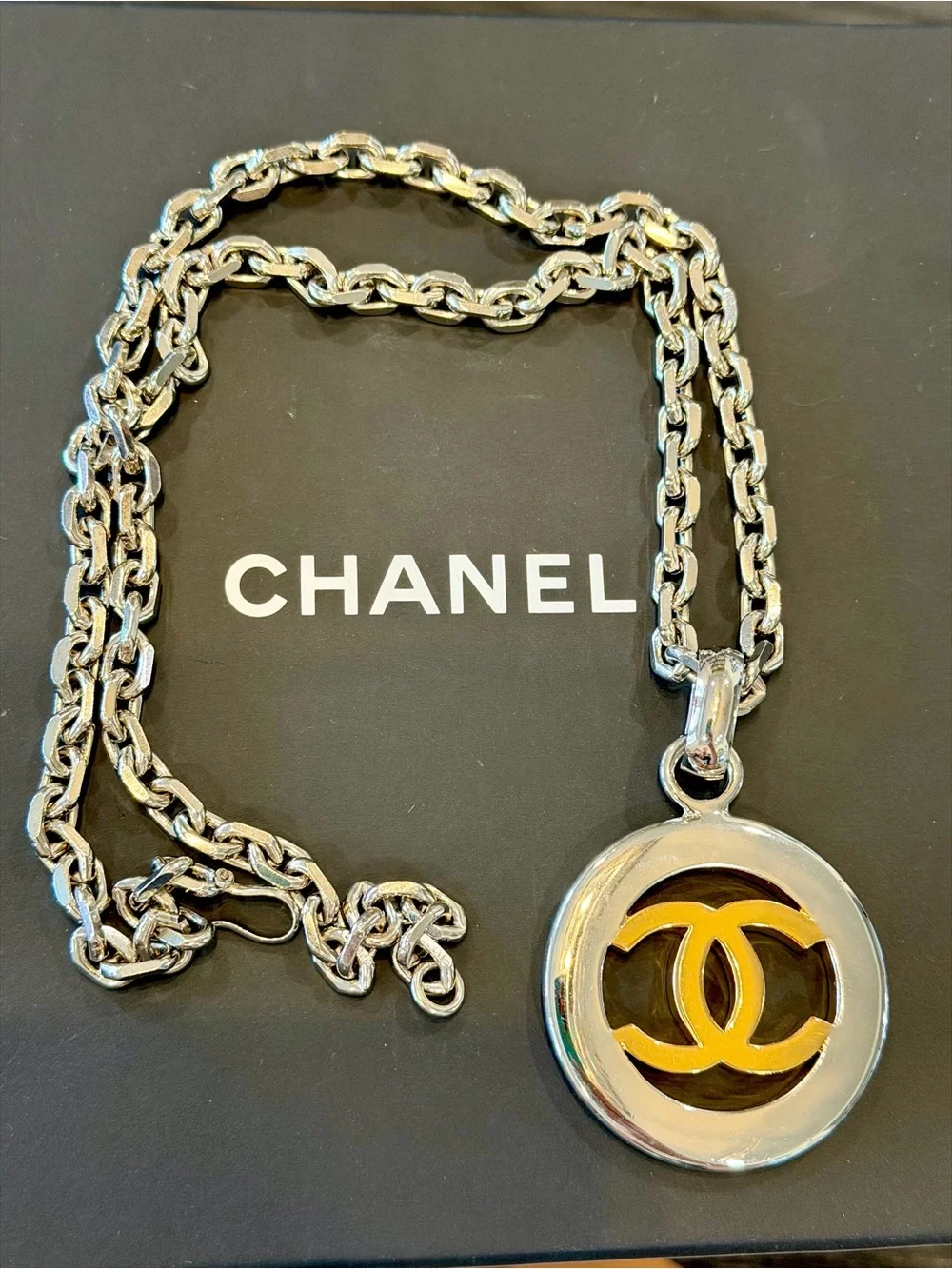 CHANEL Vintage Two-Tone CC Round Pendant Necklace - Silver & Gold